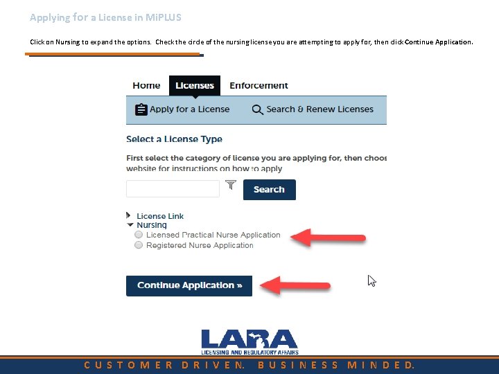 Applying for a License in Mi. PLUS Click on Nursing to expand the options.
