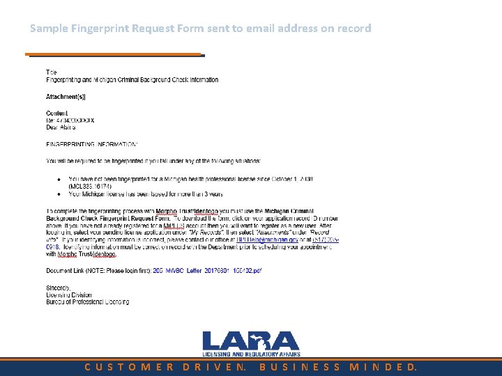 Sample Fingerprint Request Form sent to email address on record C U S T