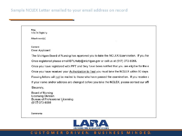 Sample NCLEX Letter emailed to your email address on record C U S T