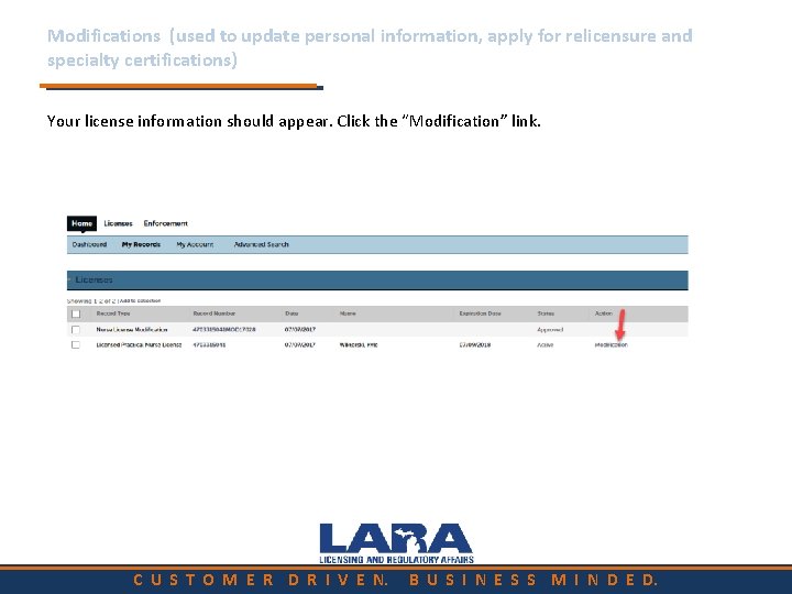 Modifications (used to update personal information, apply for relicensure and specialty certifications) Your license Modifications (used to update personal information, apply for relicensure and specialty certifications) Your license