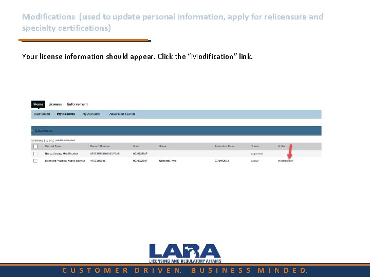 Modifications (used to update personal information, apply for relicensure and specialty certifications) Your license