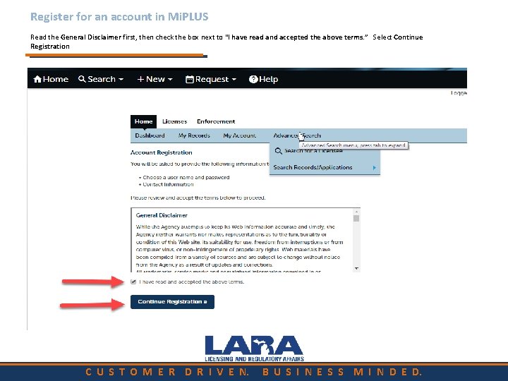 Register for an account in Mi. PLUS Read the General Disclaimer first, then check