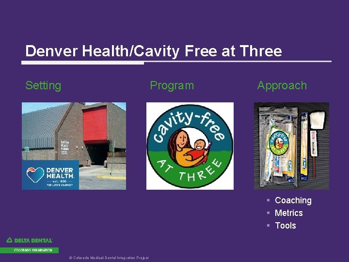 Denver Health/Cavity Free at Three Setting Program Approach § Coaching § Metrics § Tools