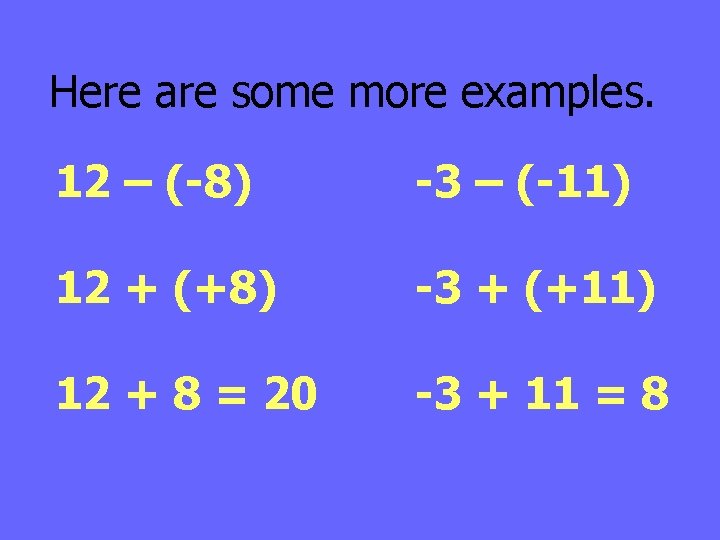 Here are some more examples. 12 – (-8) -3 – (-11) 12 + (+8)