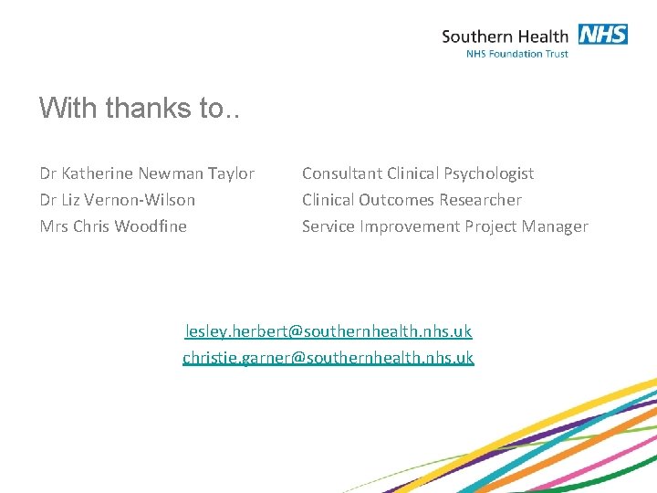 With thanks to. . Dr Katherine Newman Taylor Dr Liz Vernon-Wilson Mrs Chris Woodfine