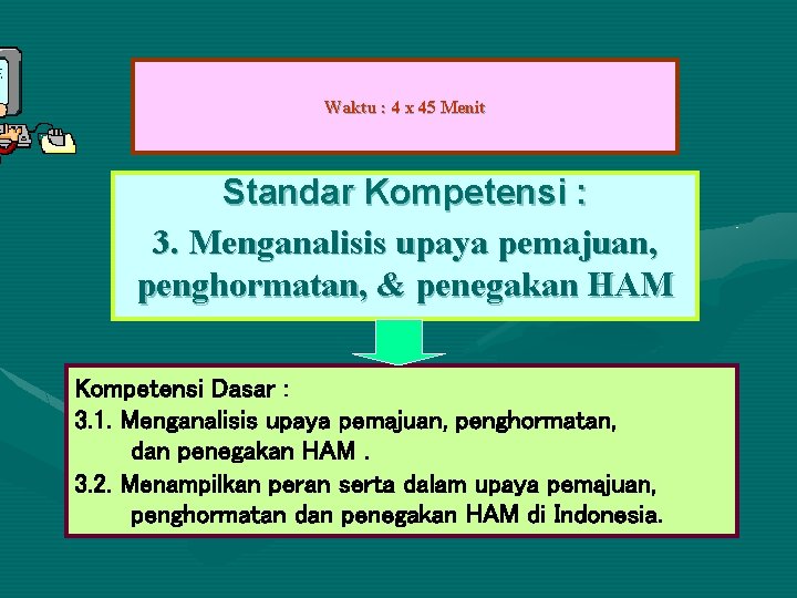 Waktu : 4 x 45 Menit Standar Kompetensi : 3. Menganalisis upaya pemajuan, penghormatan,