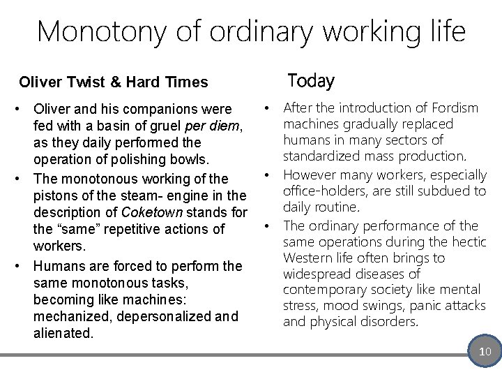 Monotony of ordinary working life Today Oliver Twist & Hard Times • Oliver and