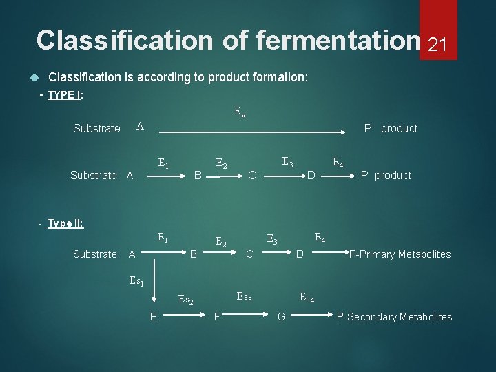 Classification of fermentation 21 Classification is according to product formation: - TYPE I: Ex