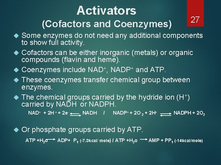 Activators (Cofactors and Coenzymes) Some enzymes do not need any additional components to show