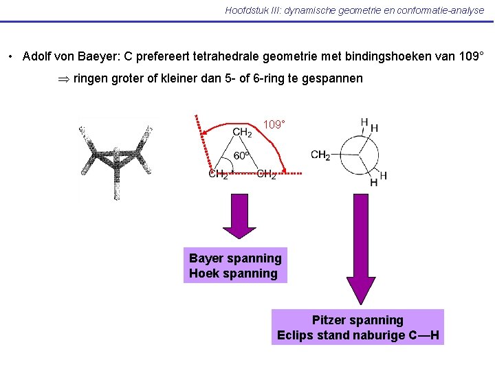 Hoofdstuk III: dynamische geometrie en conformatie-analyse • Adolf von Baeyer: C prefereert tetrahedrale geometrie