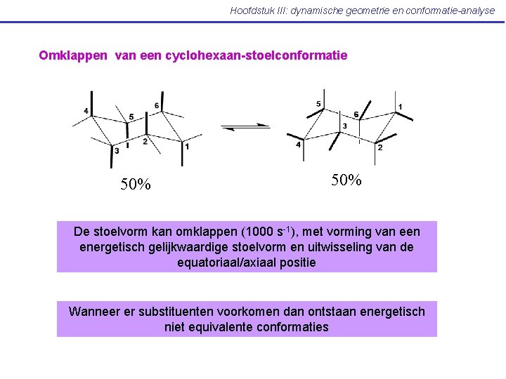 Hoofdstuk III: dynamische geometrie en conformatie-analyse Omklappen van een cyclohexaan-stoelconformatie 50% De stoelvorm kan