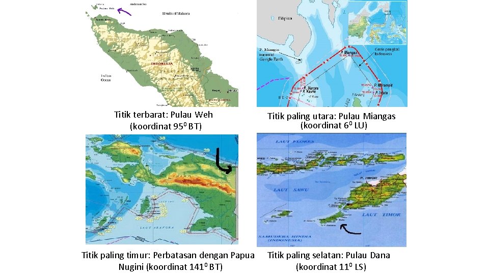 Titik terbarat: Pulau Weh (koordinat 950 BT) Titik paling timur: Perbatasan dengan Papua Nugini