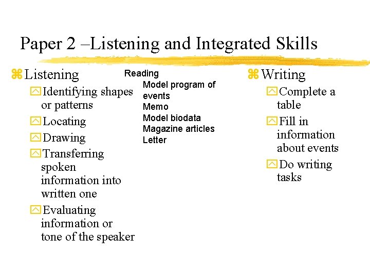 Paper 2 –Listening and Integrated Skills z Listening Reading Model program of shapes events