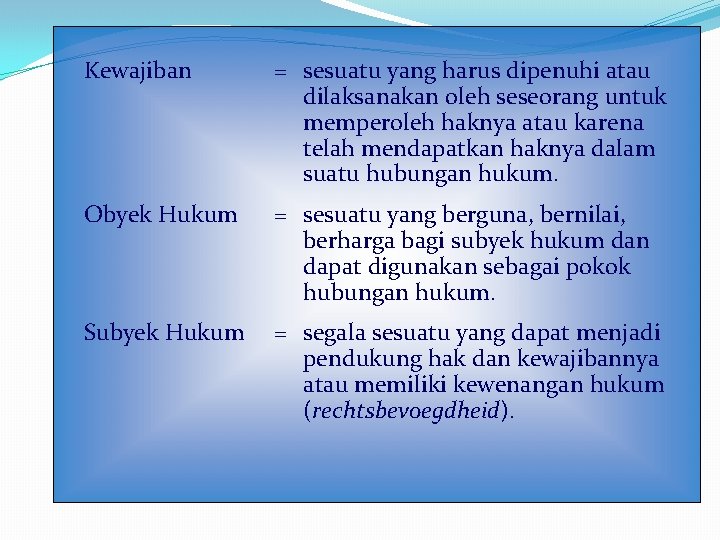 Kewajiban = sesuatu yang harus dipenuhi atau dilaksanakan oleh seseorang untuk memperoleh haknya atau