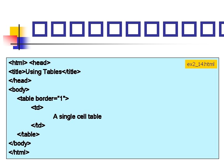 ������ <html> <head> <title>Using Tables</title> </head> <body> <table border="1"> <td> A single cell table ������ <html> <head> <title>Using Tables</title> </head> <body> <table border="1"> <td> A single cell table
