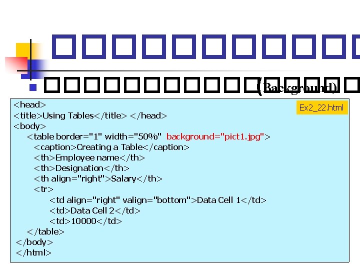 ������ n �������� (Background) <head> <title>Using Tables</title> </head> <body> <table border="1" width="50%" background="pict 1. ������ n �������� (Background) <head> <title>Using Tables</title> </head> <body> <table border="1" width="50%" background="pict 1.