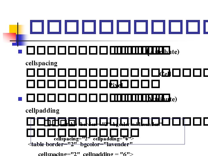 ����������� (Attribute) cellspacing ��������� Cell ������� Pixel n ������� (Attribute) cellpadding ��������� <table border ����������� (Attribute) cellspacing ��������� Cell ������� Pixel n ������� (Attribute) cellpadding ��������� <table border