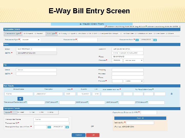 E-Way Bill Entry Screen 