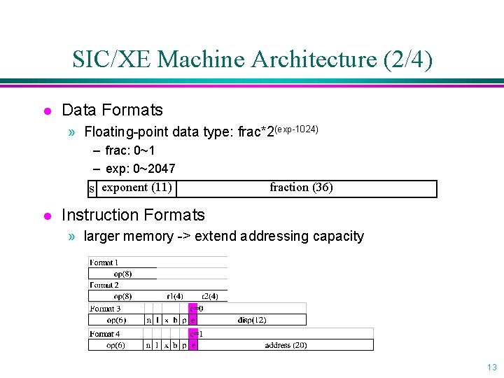 SIC/XE Machine Architecture (2/4) l Data Formats » Floating-point data type: frac*2(exp-1024) – frac: