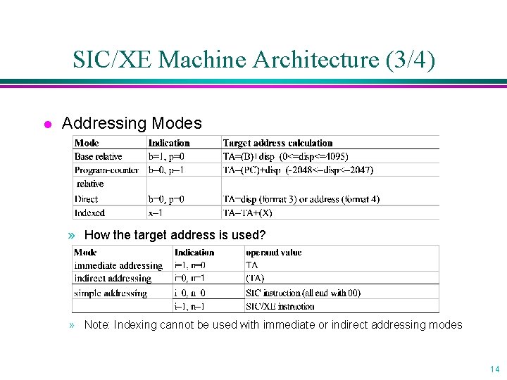 SIC/XE Machine Architecture (3/4) l Addressing Modes » How the target address is used?