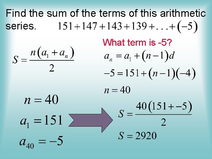 Find the sum of the terms of this arithmetic series. What term is -5?