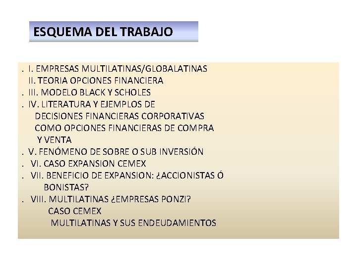 ESQUEMA DEL TRABAJO. I. EMPRESAS MULTILATINAS/GLOBALATINAS II. TEORIA OPCIONES FINANCIERA. III. MODELO BLACK Y