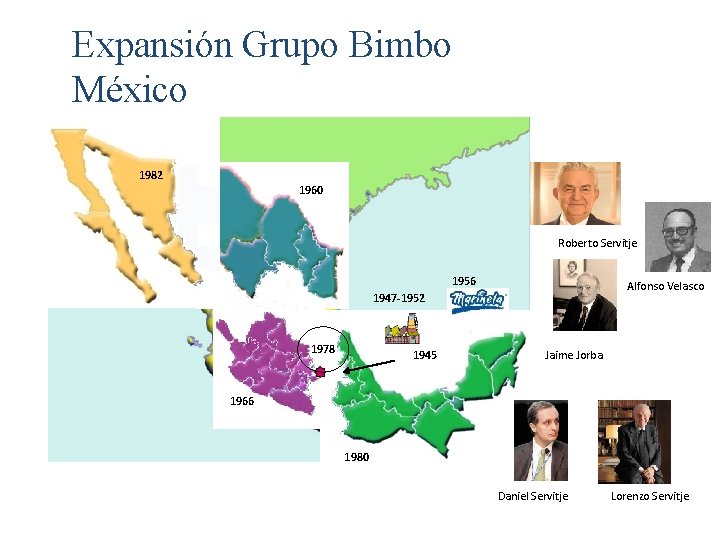 Expansión Grupo Bimbo México 1982 1960 Roberto Servitje 1956 Alfonso Velasco 1947 -1952 1978
