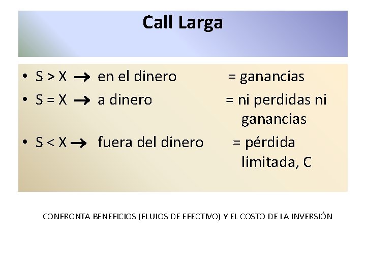 Call Larga • S > X en el dinero = ganancias • S =