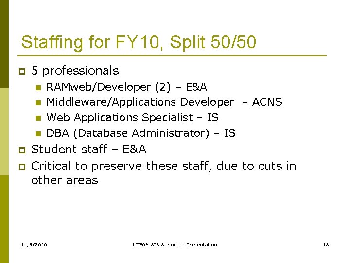Staffing for FY 10, Split 50/50 p 5 professionals n n p p RAMweb/Developer