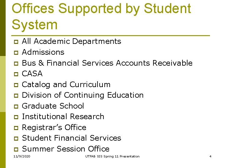 Offices Supported by Student System p p p All Academic Departments Admissions Bus &