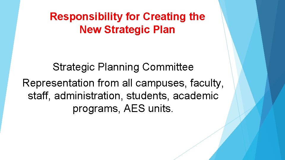 Responsibility for Creating the New Strategic Planning Committee Representation from all campuses, faculty, staff,