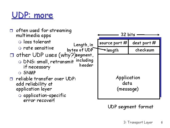 UDP: more r often used for streaming multimedia apps m loss tolerant m rate