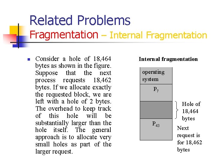 Related Problems Fragmentation – Internal Fragmentation n Consider a hole of 18, 464 bytes