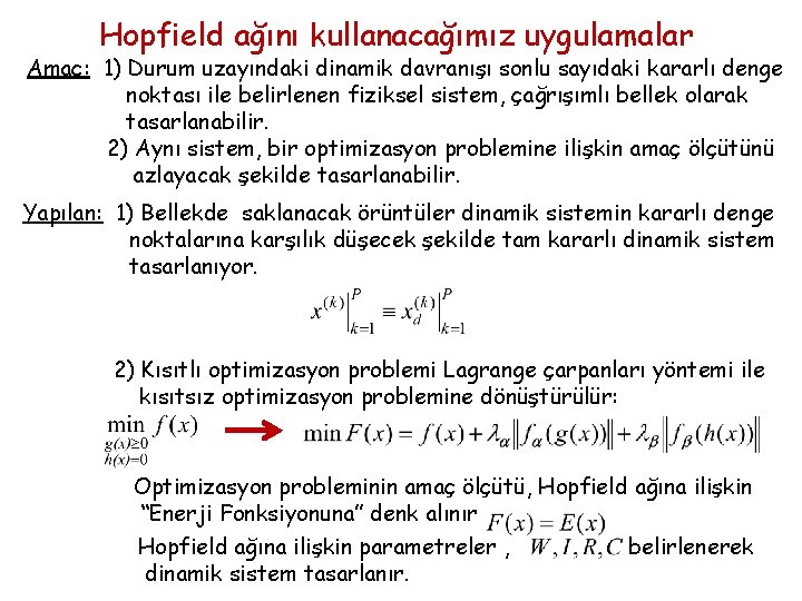 Hopfield ağını kullanacağımız uygulamalar Amaç: 1) Durum uzayındaki dinamik davranışı sonlu sayıdaki kararlı denge