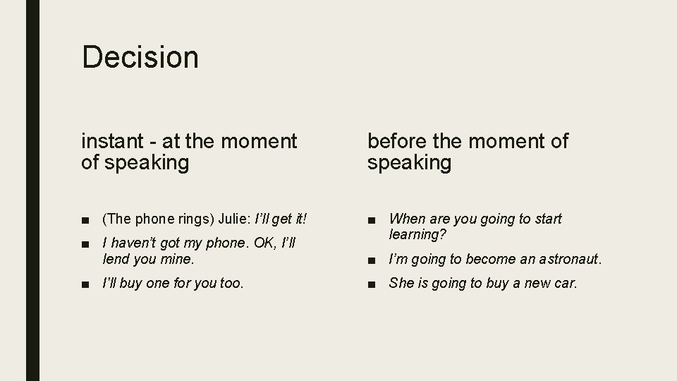Decision instant - at the moment of speaking before the moment of speaking ■