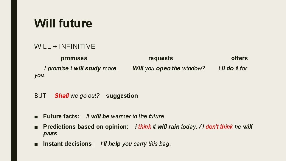 Will future WILL + INFINITIVE promises requests offers I promise I will study more.