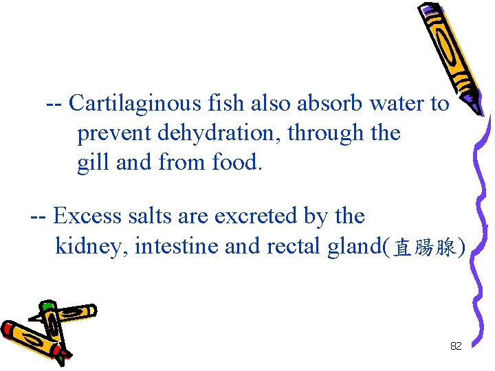 -- Cartilaginous fish also absorb water to prevent dehydration, through the gill and from