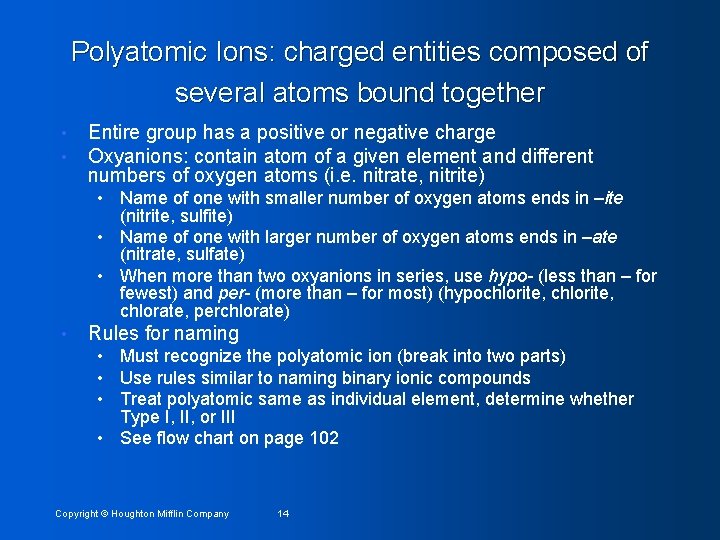 Polyatomic Ions: charged entities composed of several atoms bound together • • Entire group