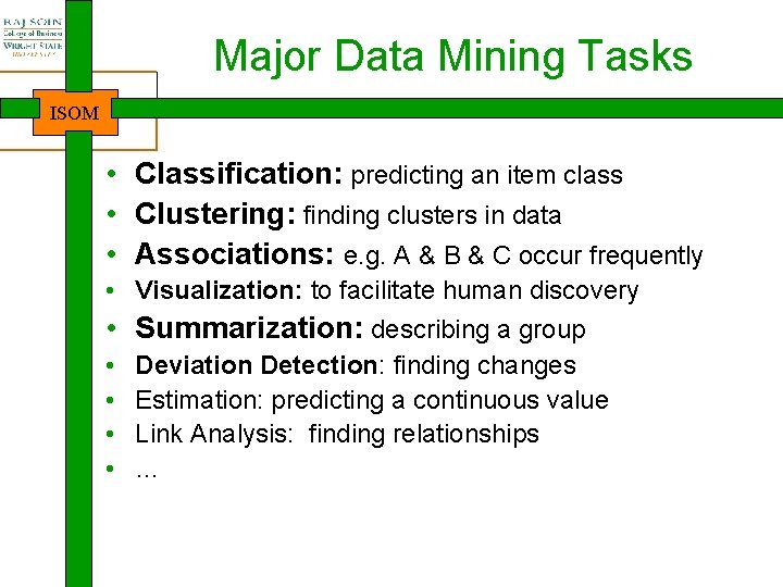 Major Data Mining Tasks ISOM • Classification: predicting an item class • Clustering: finding