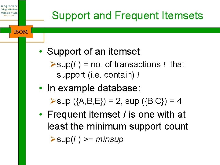 Support and Frequent Itemsets ISOM • Support of an itemset Øsup(I ) = no.