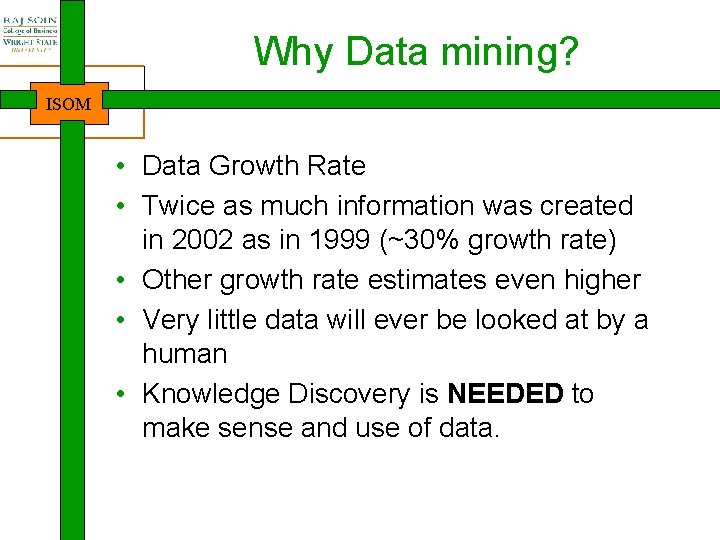 Why Data mining? ISOM • Data Growth Rate • Twice as much information was