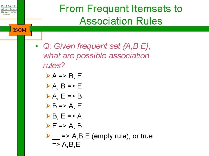 From Frequent Itemsets to Association Rules ISOM • Q: Given frequent set {A, B,