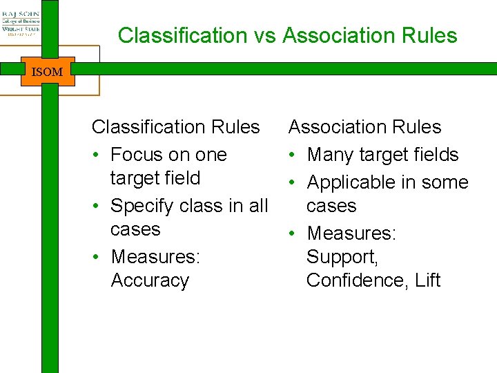 Classification vs Association Rules ISOM Classification Rules • Focus on one target field •