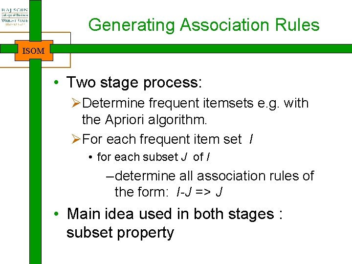 Generating Association Rules ISOM • Two stage process: ØDetermine frequent itemsets e. g. with