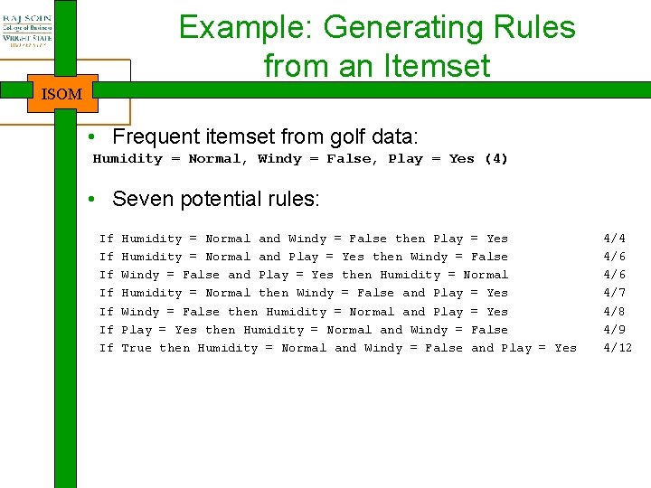 Example: Generating Rules from an Itemset ISOM • Frequent itemset from golf data: Humidity