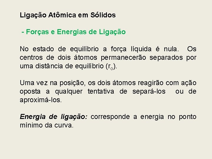 Ligação Atômica em Sólidos - Forças e Energias de Ligação No estado de equilíbrio