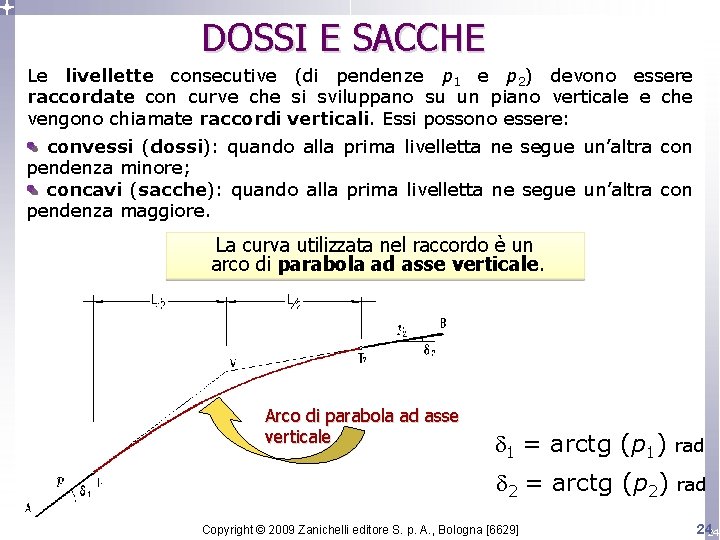 DOSSI E SACCHE Le livellette consecutive (di pendenze p 1 e p 2) devono