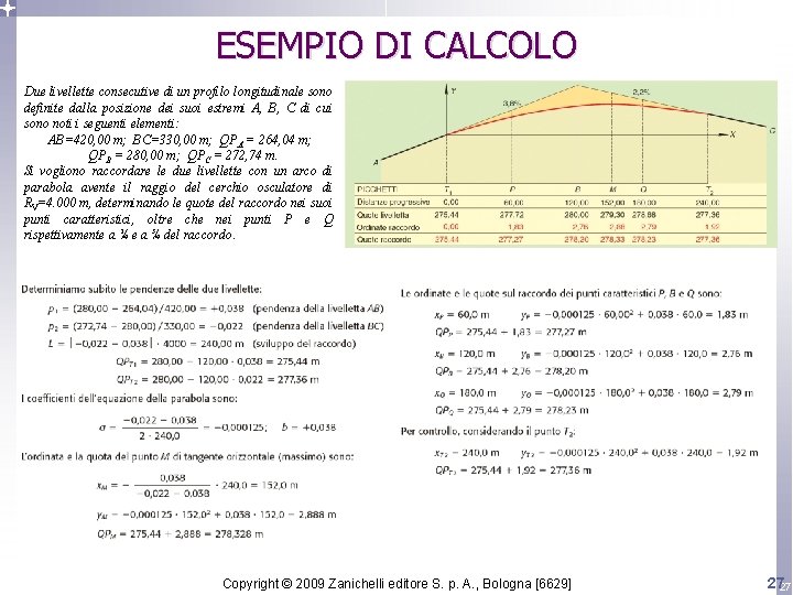 ESEMPIO DI CALCOLO Due livellette consecutive di un profilo longitudinale sono definite dalla posizione