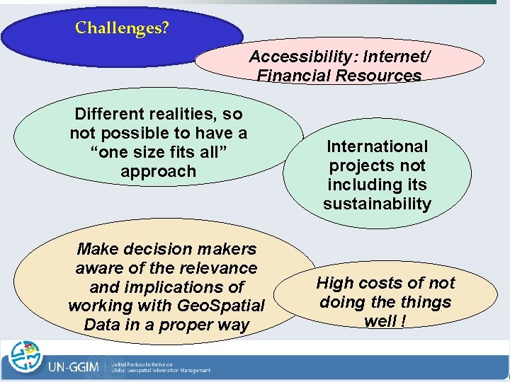 Challenges? Accessibility: Internet/ Financial Resources Different realities, so not possible to have a “one