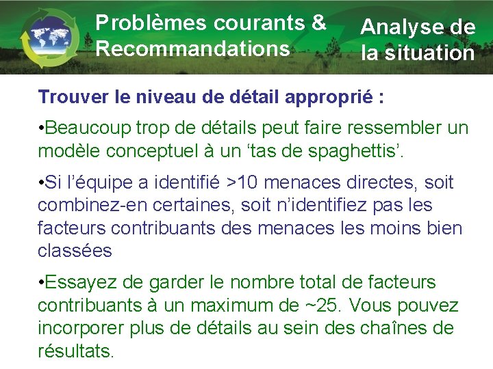 Problèmes courants & Recommandations Analyse de la situation Trouver le niveau de détail approprié